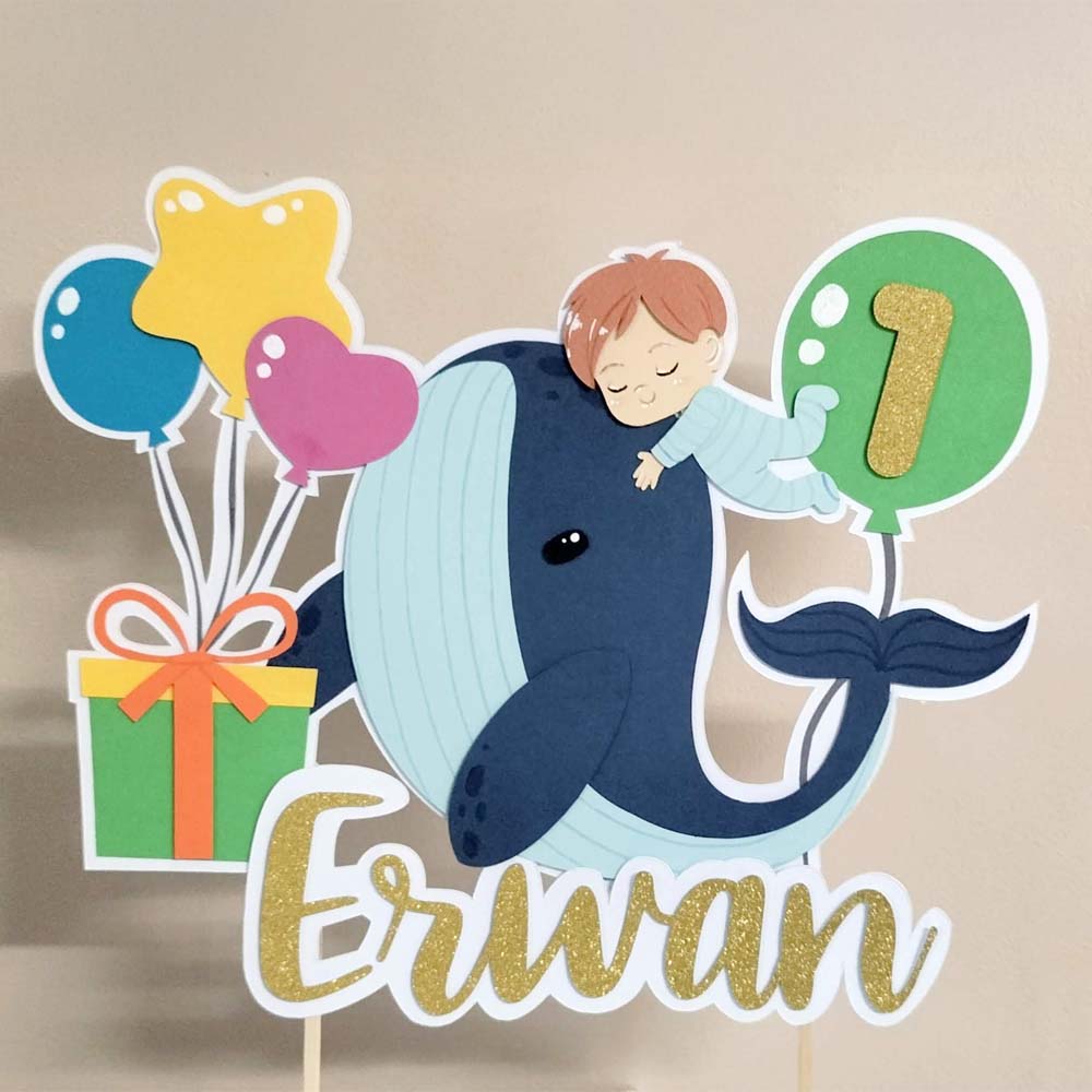 Cake topper personnalisé "Baleine bleue" Papier