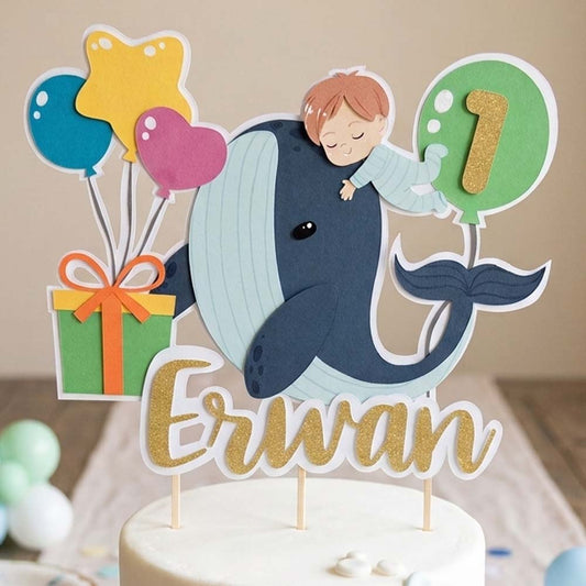 Cake topper personnalisé "Baleine bleue" Papier
