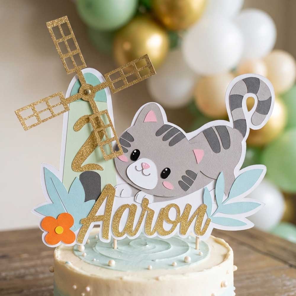 Cake topper personnalisé "Chat et moulin"Papier