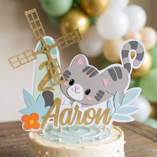 Cake topper personnalisé "Chat et moulin"Papier