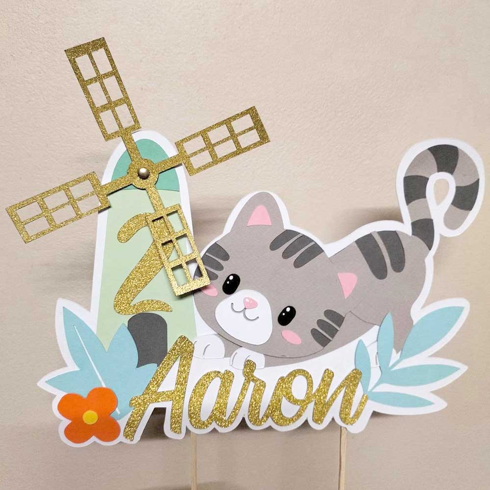 Cake topper personnalisé "Chat et moulin"Papier