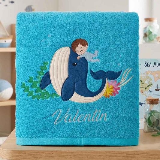 Serviette personnalisable brodée "Baleine " 140 cm x 70 cm
